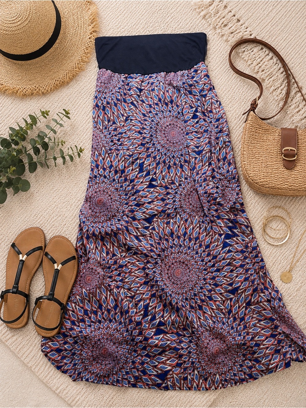 Xhilaration Strapless Maxi Dress L Blue Purple Geometric Boho Print